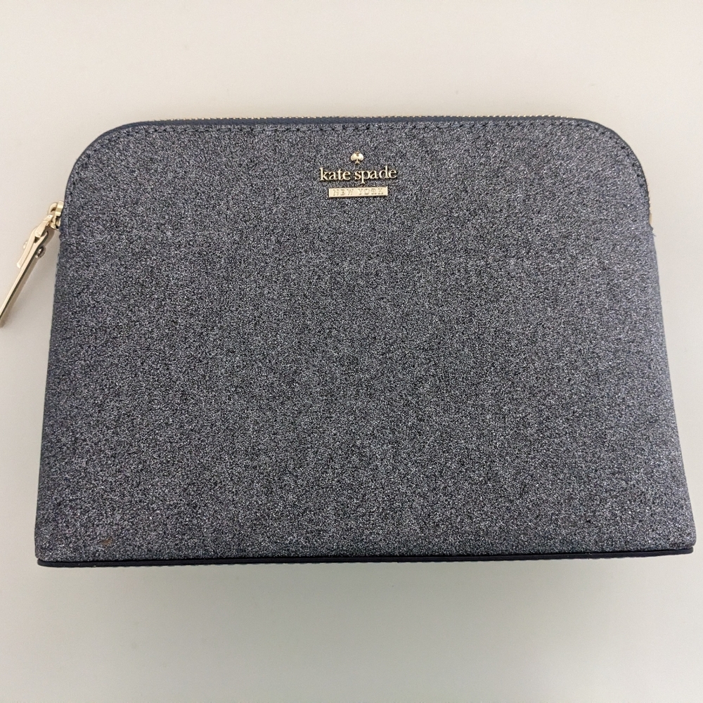 NWOT! Kate Spade New York Burgess Court Large Briley Glitter Gray Cosmetic Case